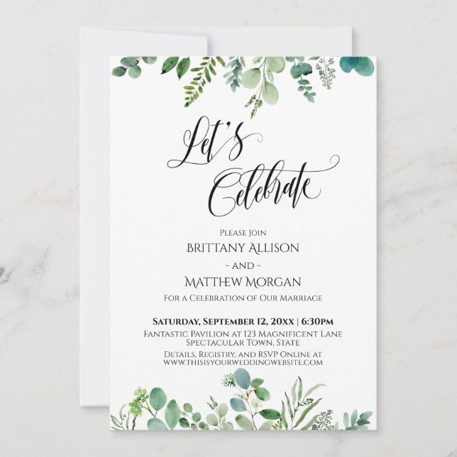 Let's Celebrate Eucalyptus Greenery Reception Invitation (Front)