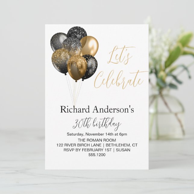 Let's Celebrate Faux Gold 30TH Men Birthday Party Invitation (Standing Front)