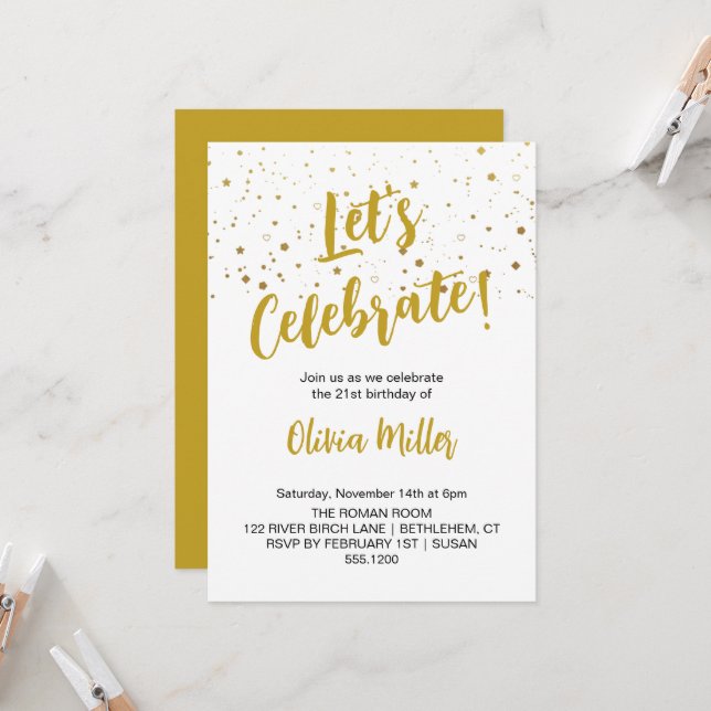 Let's Celebrate Faux Gold Glittery Birthday Party Invitation (Front/Back In Situ)