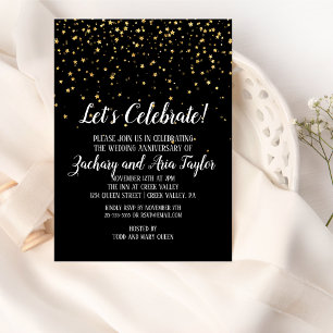 Let's Celebrate Gold Confetti on Black Anniversary Invitation