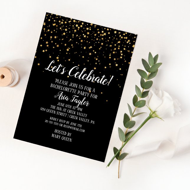 Lets Celebrate Gold Confetti on Black Bachelorette Invitation (Creator Uploaded)