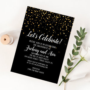 Let's Celebrate Gold Confetti on Black Engagement Invitation