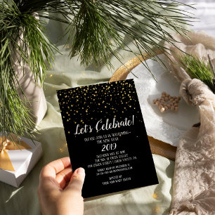 Let's Celebrate Gold Confetti on Black New Year's Invitation