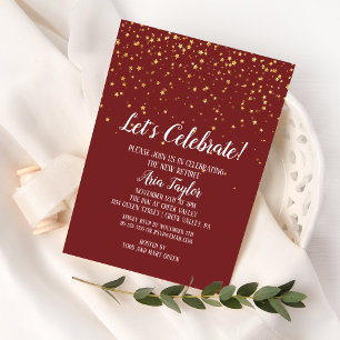 Let's Celebrate Gold Confetti on Burgundy Party Invitation