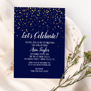 Let's Celebrate Gold Confetti on Navy Blue Party Invitation