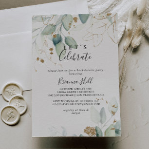 Let's Celebrate Gold Eucalyptus Calligraphy Party  Invitation