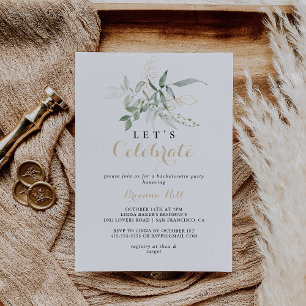 Let's Celebrate Gold Green Foliage Party  Invitation