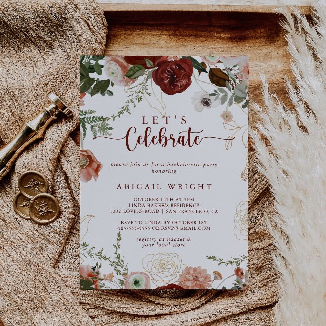 Let's Celebrate Gold Rustic Colourful Floral Party Invitation (Creator Uploaded)