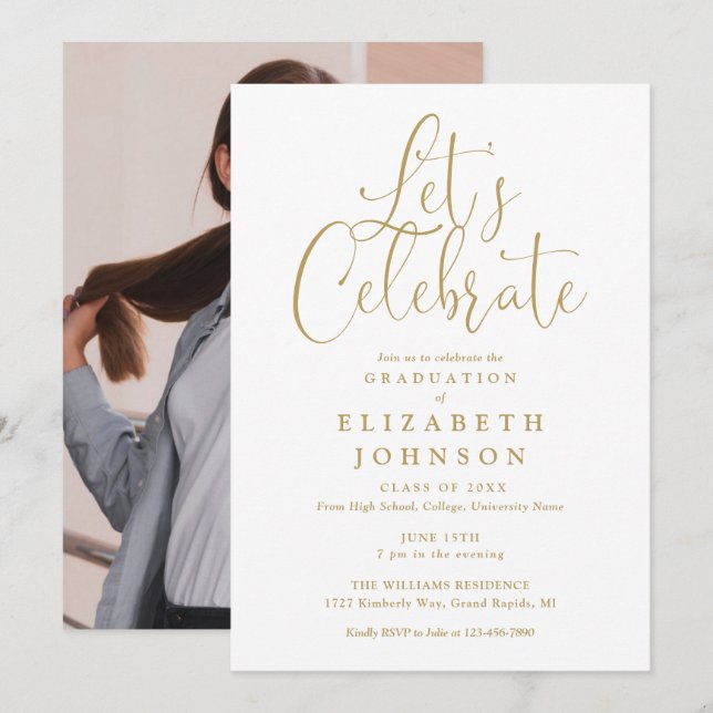Lets Celebrate Gold Script Photo Graduation Party Invitation (Front/Back)