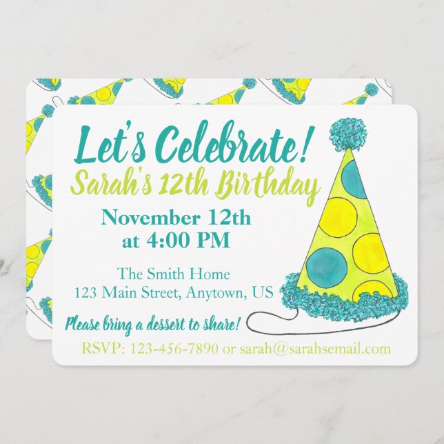Let's Celebrate Green Polka Dot Party Hat Birthday Invitation (Front/Back)