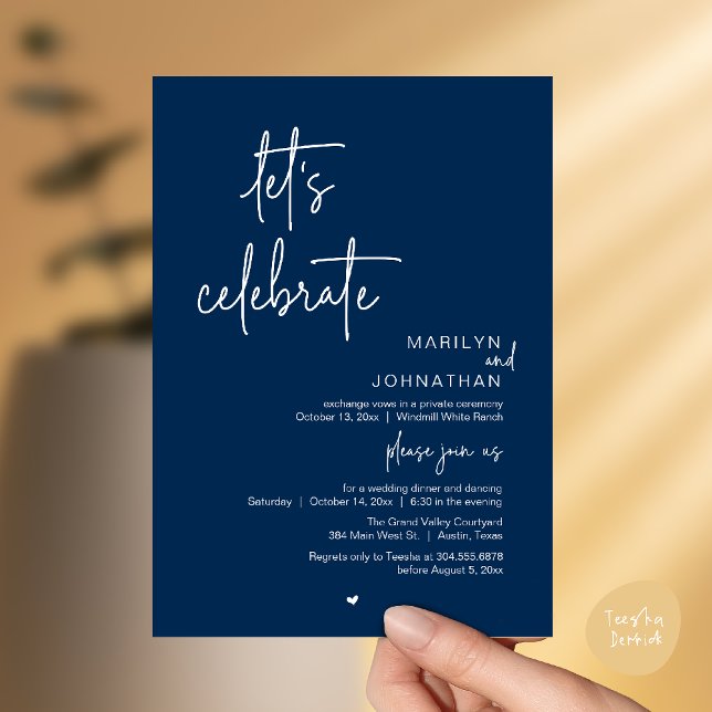Let's Celebrate, Minimal Modern Wedding Reception Invitation (Let's Celebrate, Modern Minimal Wedding Reception dinner dancing Invitation card navy blue)