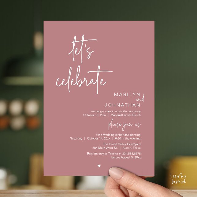 Let's Celebrate, Minimal Modern Wedding Reception Invitation (Let's Celebrate, Modern Minimal Wedding Reception dinner dancing Invitation card dusty rose pink)