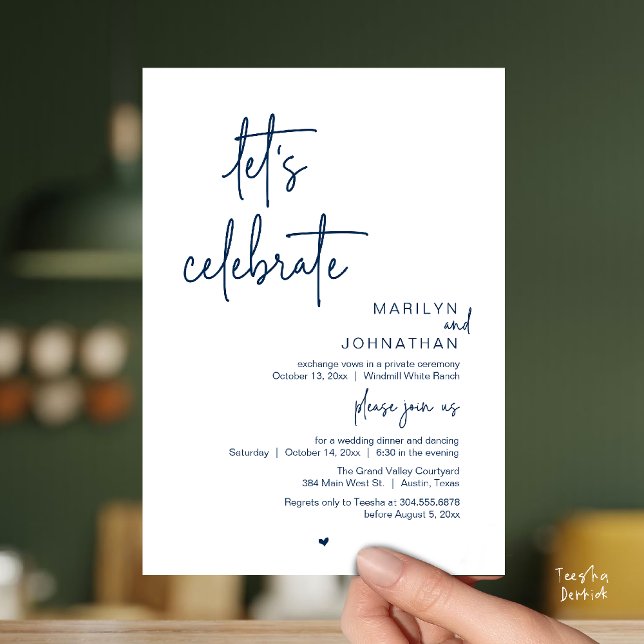 Let's Celebrate, Minimal Modern Wedding Reception Invitation (Let's Celebrate, Modern Minimal Wedding Reception dinner dancing Invitation card navy blue)