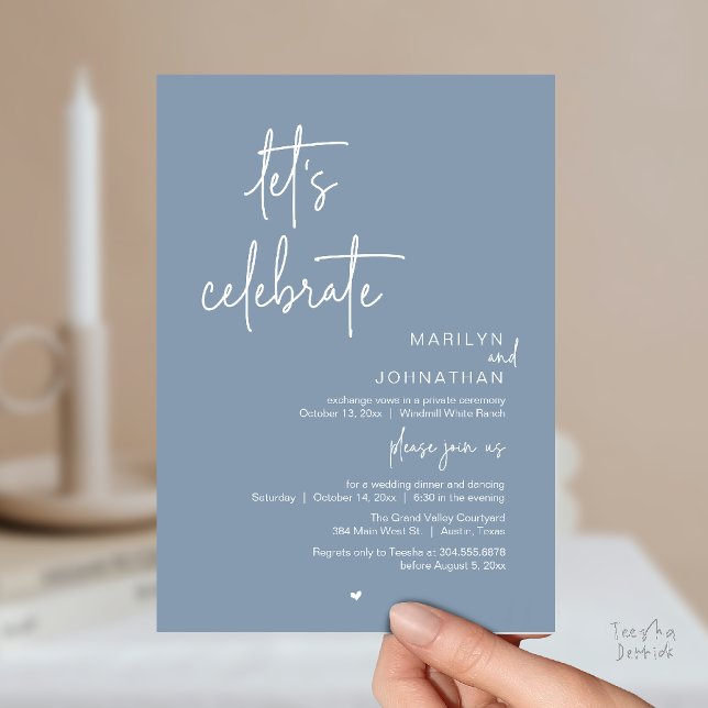 Let's Celebrate, Minimal Modern Wedding Reception Invitation (Let's Celebrate, Modern Minimal Wedding Reception dinner dancing Invitation card dusty blue)