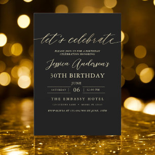 Let's Celebrate Minimalist Black Gold Birthday Invitation