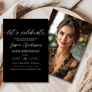 Let's Celebrate Minimalist Black Photo Birthday Invitation