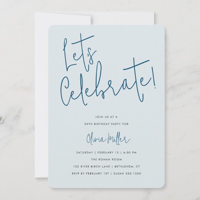 Let's Celebrate Minimalist Script, Blue Birthday Invitation (Front)