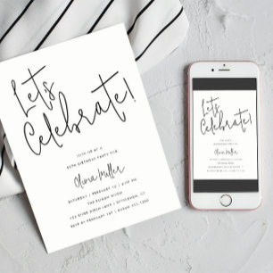 Let's Celebrate Minimalist Script, Blue Birthday Invitation