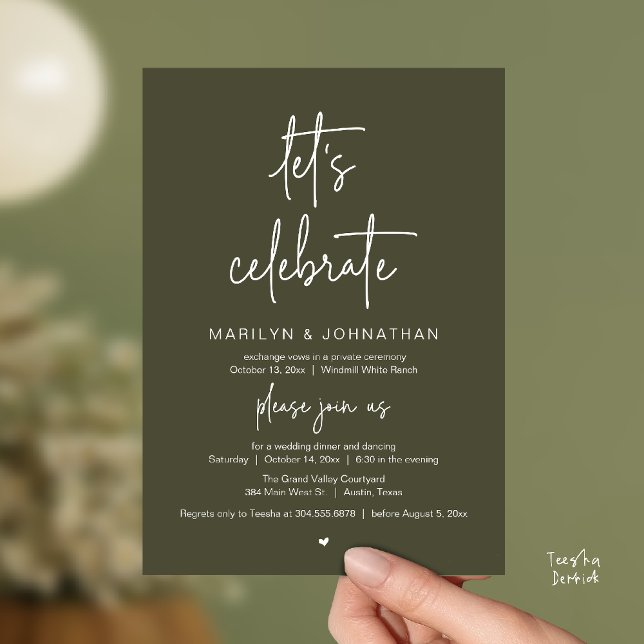 Let's Celebrate, Modern Minimal Wedding Reception Invitation (Let's Celebrate, Modern Minimal Wedding Reception dinner dancing Invitation card olive green)