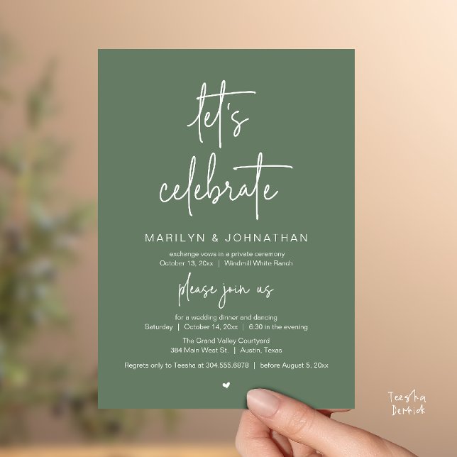 Let's Celebrate, Modern Minimal Wedding Reception Invitation (Let's Celebrate, Modern Minimal Wedding Reception dinner dancing Invitation card sage green)