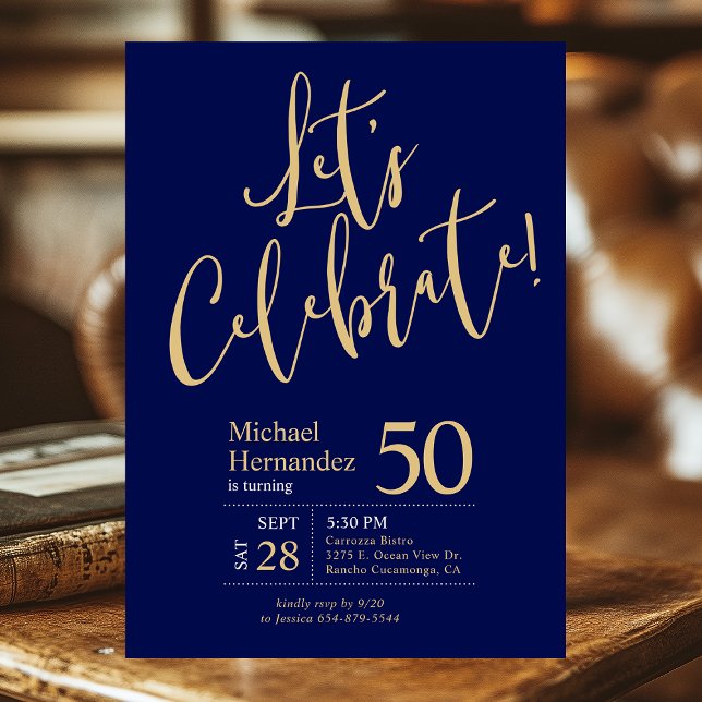 Let's Celebrate Navy Blue Gold 50th Birthday Party Invitation (Creator Uploaded)