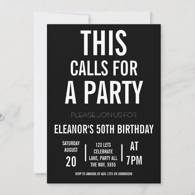Lets Celebrate Party Adult Black and White Minimal Invitation (Front)