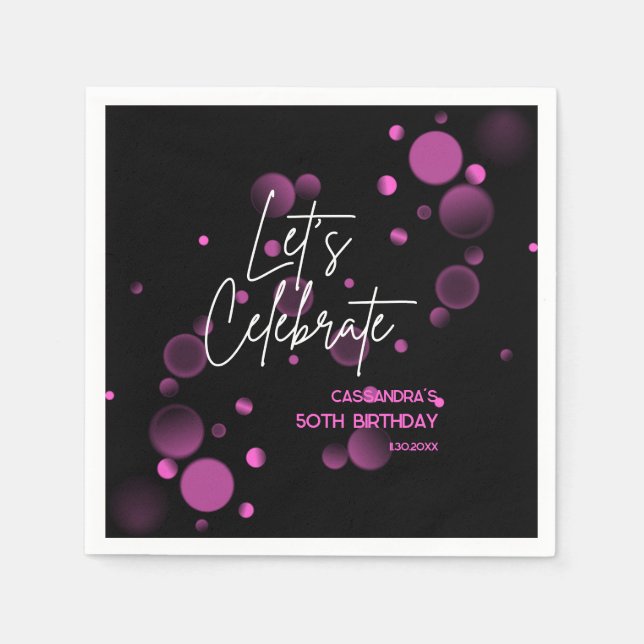 Let's Celebrate Pink Bokeh Gradient Black Birthday Napkin (Front)
