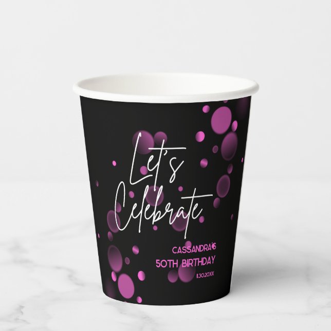 Let's Celebrate Pink Bokeh Gradient Black Birthday Paper Cups (Back)