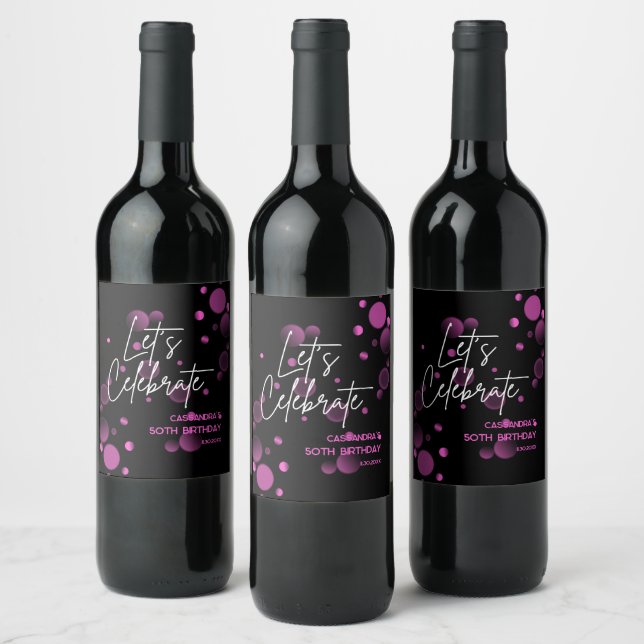 Let's Celebrate Pink Bokeh Gradient Black Birthday Wine Label (Bottles)