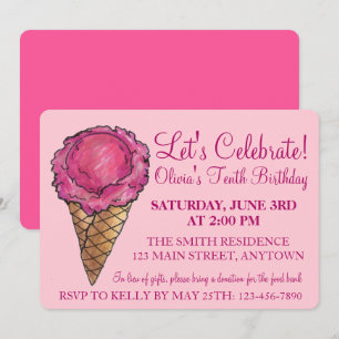 Let's Celebrate Pink Ice Cream Cone Birthday Party Invitation