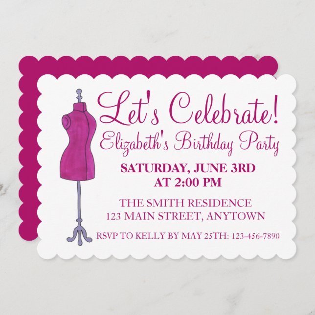 Let's Celebrate Pink Sewing Dressform Mannequin Invitation (Front/Back)