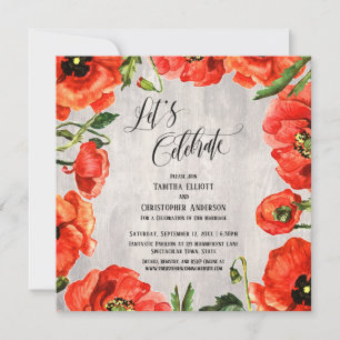 Let's Celebrate Red Poppies on Pale Wood Reception Invitation