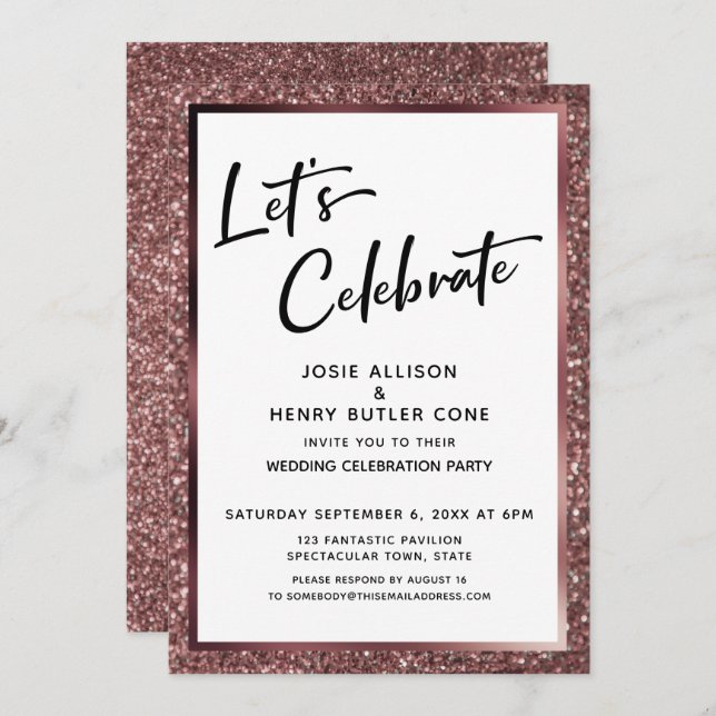Let's Celebrate Rose Gold Glitter Reception-Only Invitation (Front/Back)