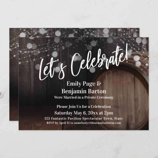 Let's Celebrate Rustic Wood Barrel and Lights Invitation (Front/Back)