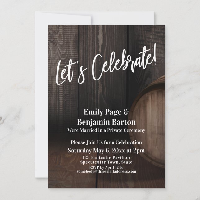 Let's Celebrate Rustic Wooden Barrel Reception Invitation (Front)