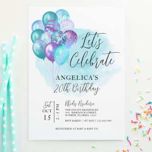Let's Celebrate Teal Purple Balloons Birthday Invitation