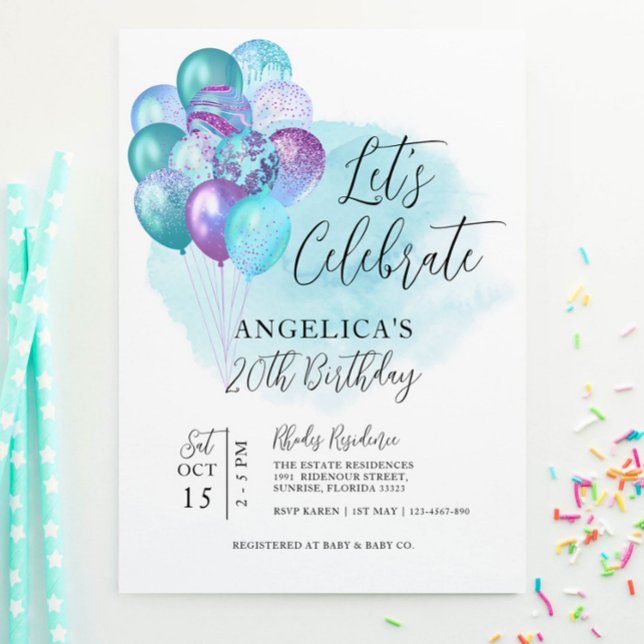 Let's Celebrate Teal Purple Balloons Birthday Invitation (Creator Uploaded)