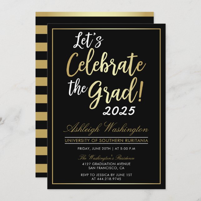 Let's Celebrate The Grad! | Gold Black Graduation Invitation (Front/Back)