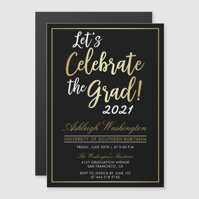 Let's Celebrate The Grad! | Gold Black Graduation Magnetic Invitation (Front/Back)