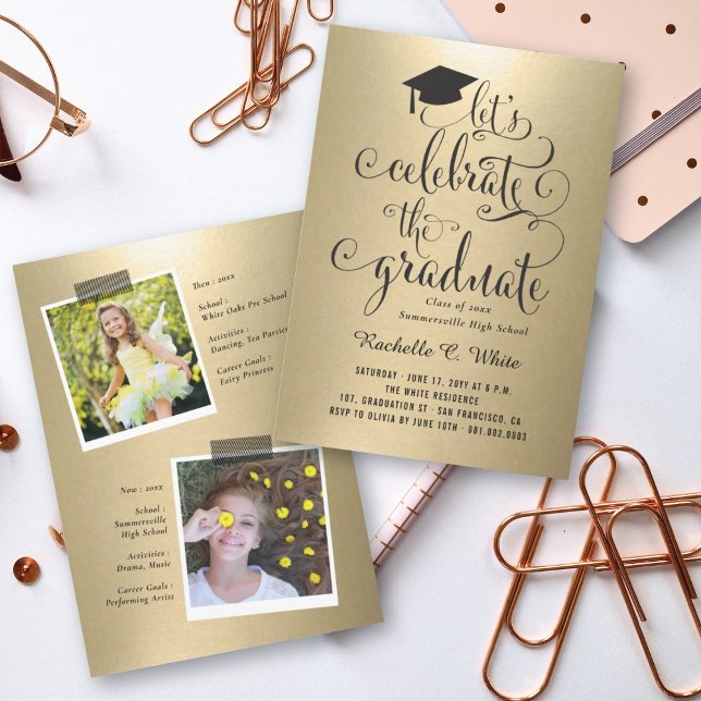 Let's Celebrate The Graduate Metallic Gold Party Invitation (Creator Uploaded)