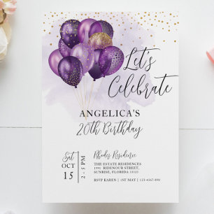 Let's Celebrate Violet Gold Balloons Birthday Invitation