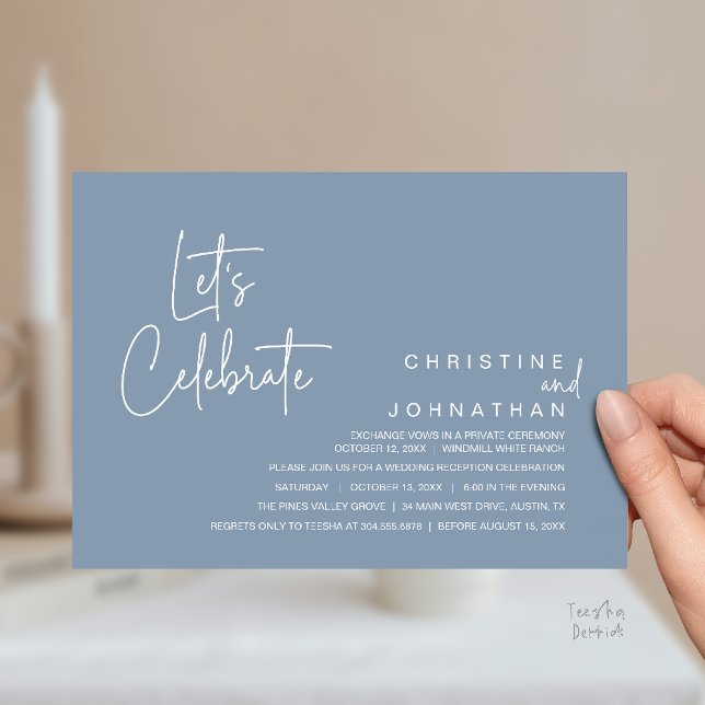 Let's Celebrate, Wedding Elopement Dinner Party Invitation (Let's Celebrate, modern minimal Wedding Elopement Dinner Party Invitation card in dusty blue)
