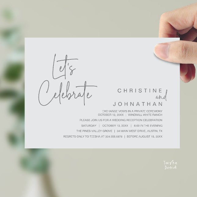 Let's Celebrate, Wedding Elopement Dinner Party Invitation (Let's Celebrate, modern minimal Wedding Elopement Dinner Party Invitation card in chill grey)