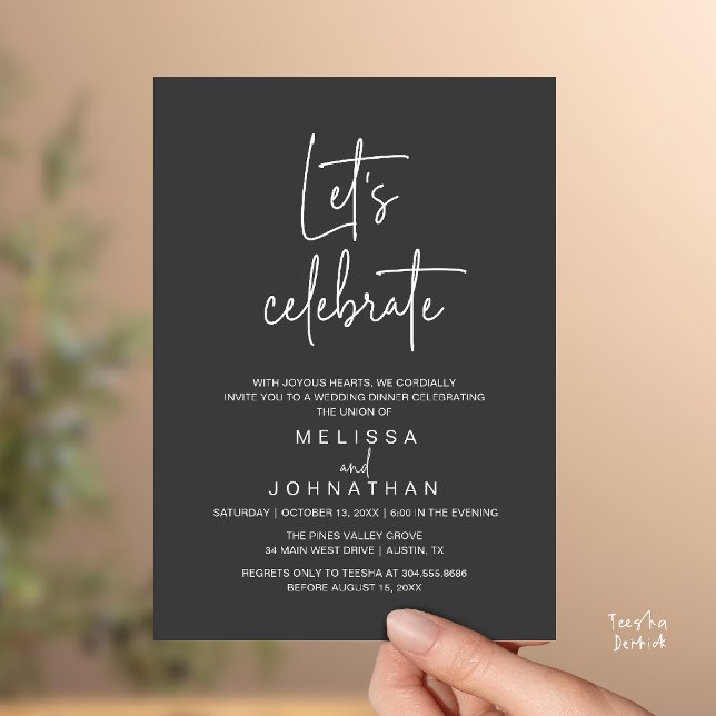 Let's Celebrate, Wedding Elopement Reception Invitation (Let's Celebrate, Modern Minimal Wedding Elopement Reception Dinner Invites Card in Charcoal Grey)