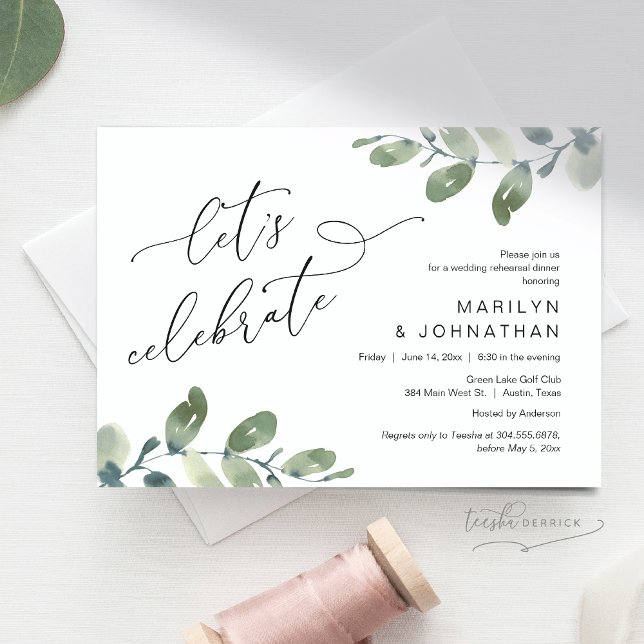 Let's Celebrate, Wedding Rehearsal Dinner Dancing Invitation (Let's Celebrate, Romantic Rehearsal Dinner Invitation Card, Greenery Eucalyptus. Downloadable)