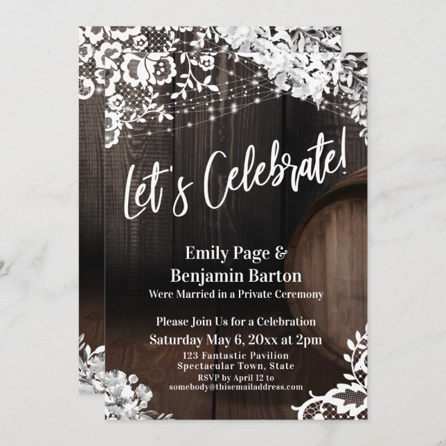Let's Celebrate! Wood Barrel Lace Lights Flowers Invitation (Front/Back)