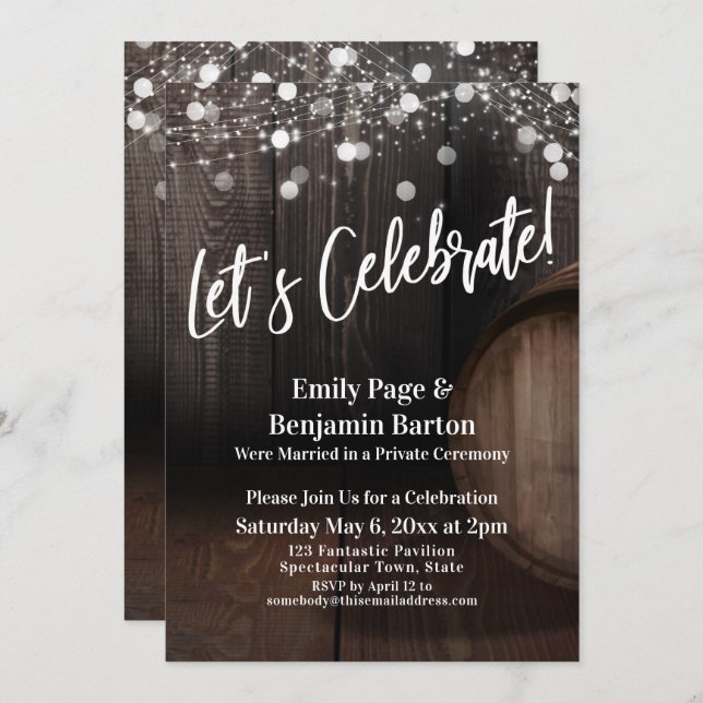 Let's Celebrate Wood Wine Barrel Lights Reception Invitation (Front/Back)