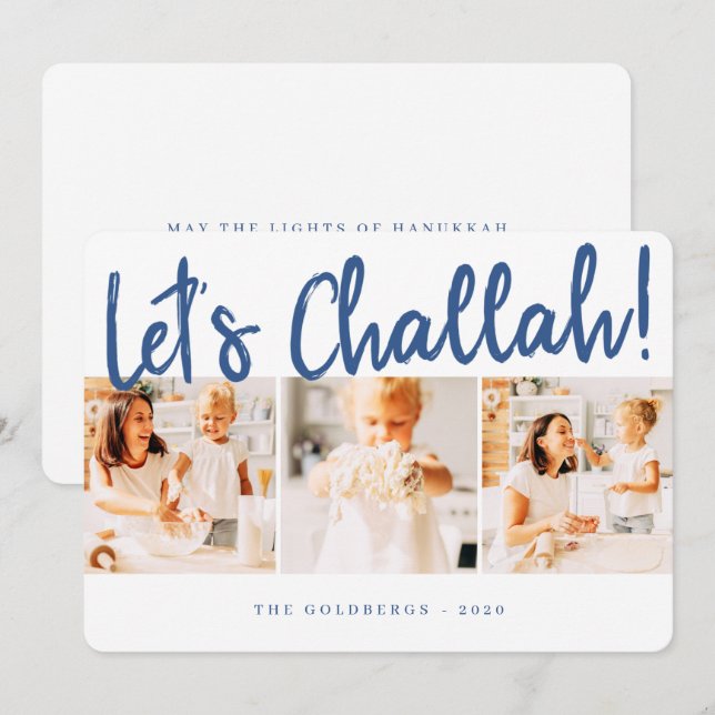 Let's Challah Modern Simple Three Photo Holiday Card (Front/Back)