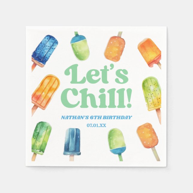 Let's Chill Blue Retro Popsicle Birthday Party Napkin (Front)