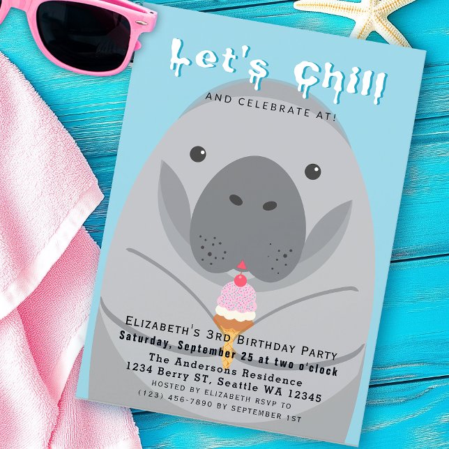 Let's Chill Cute Manatee Kids Birthday Invitation (Creator Uploaded)